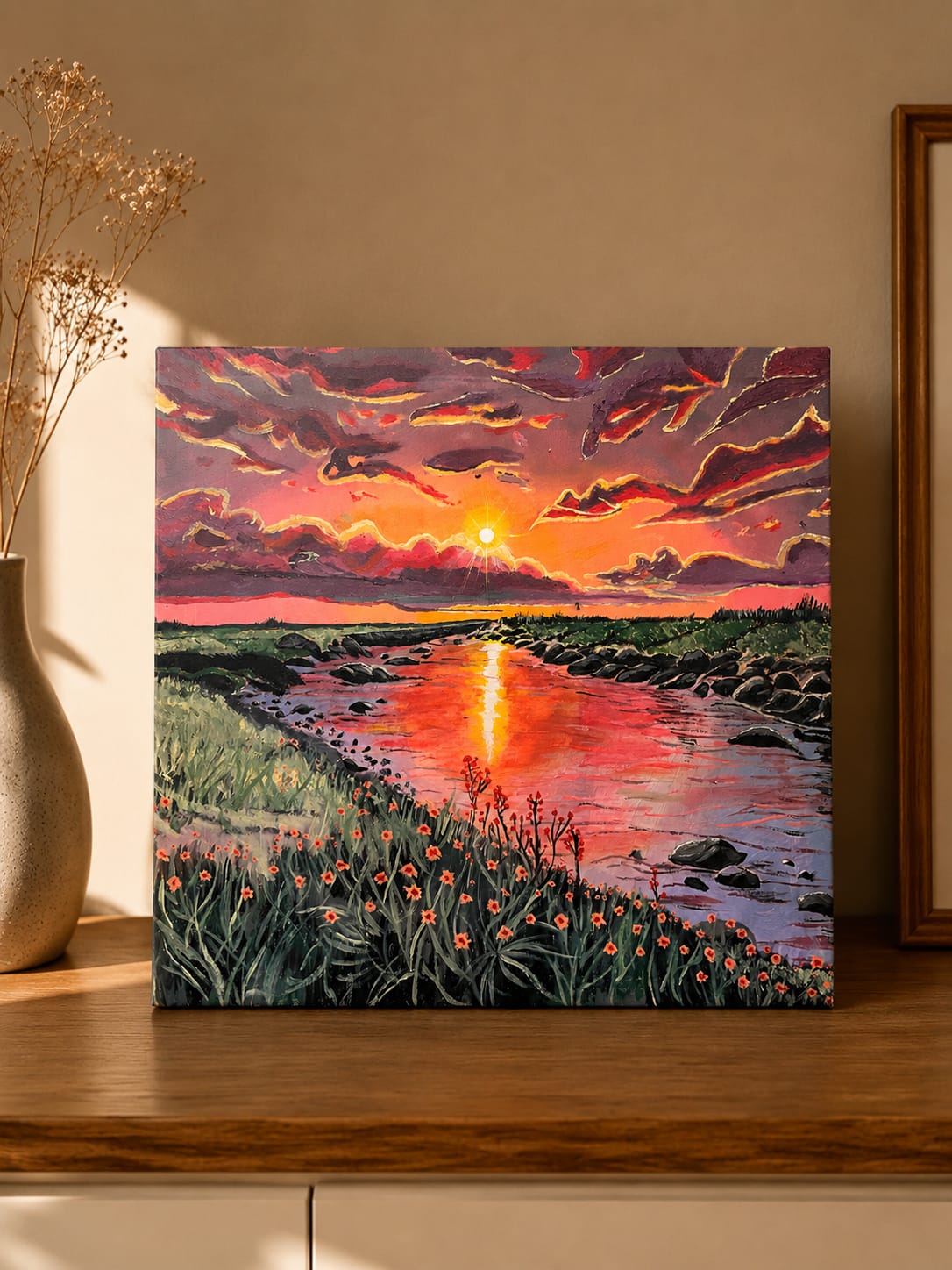 Title
Crimson Reflection
Medium
Hand-painted Acrylic on Canvas size 45.7 ×45.7cm