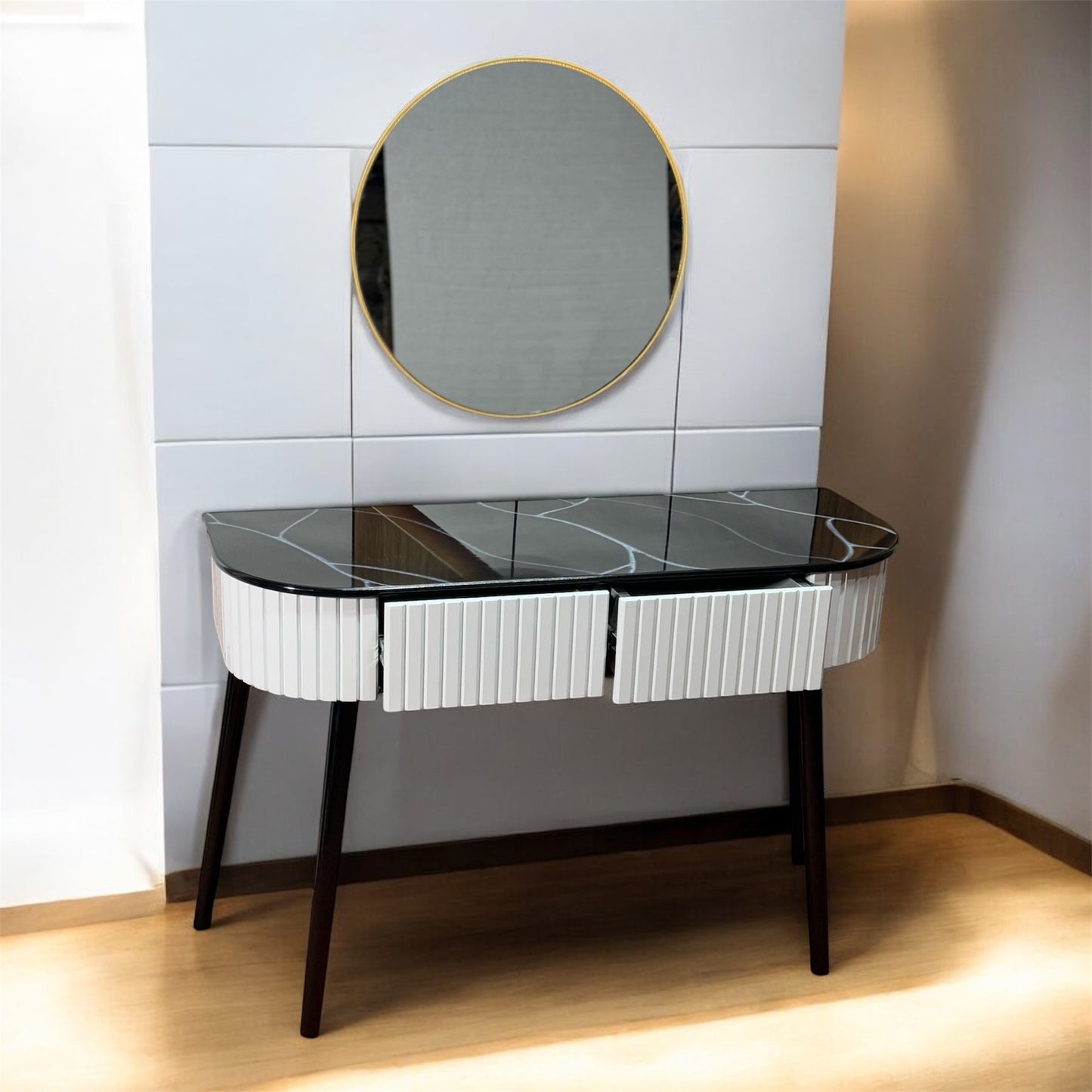 Two Drawer Console with Mirror with Black Marble Design Top 1603