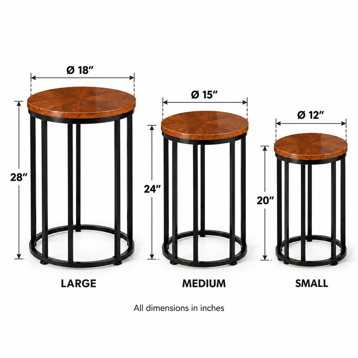 3-Piece Modern Nesting Coffee Table Set with Wood Finish Top & Black Metal Frame