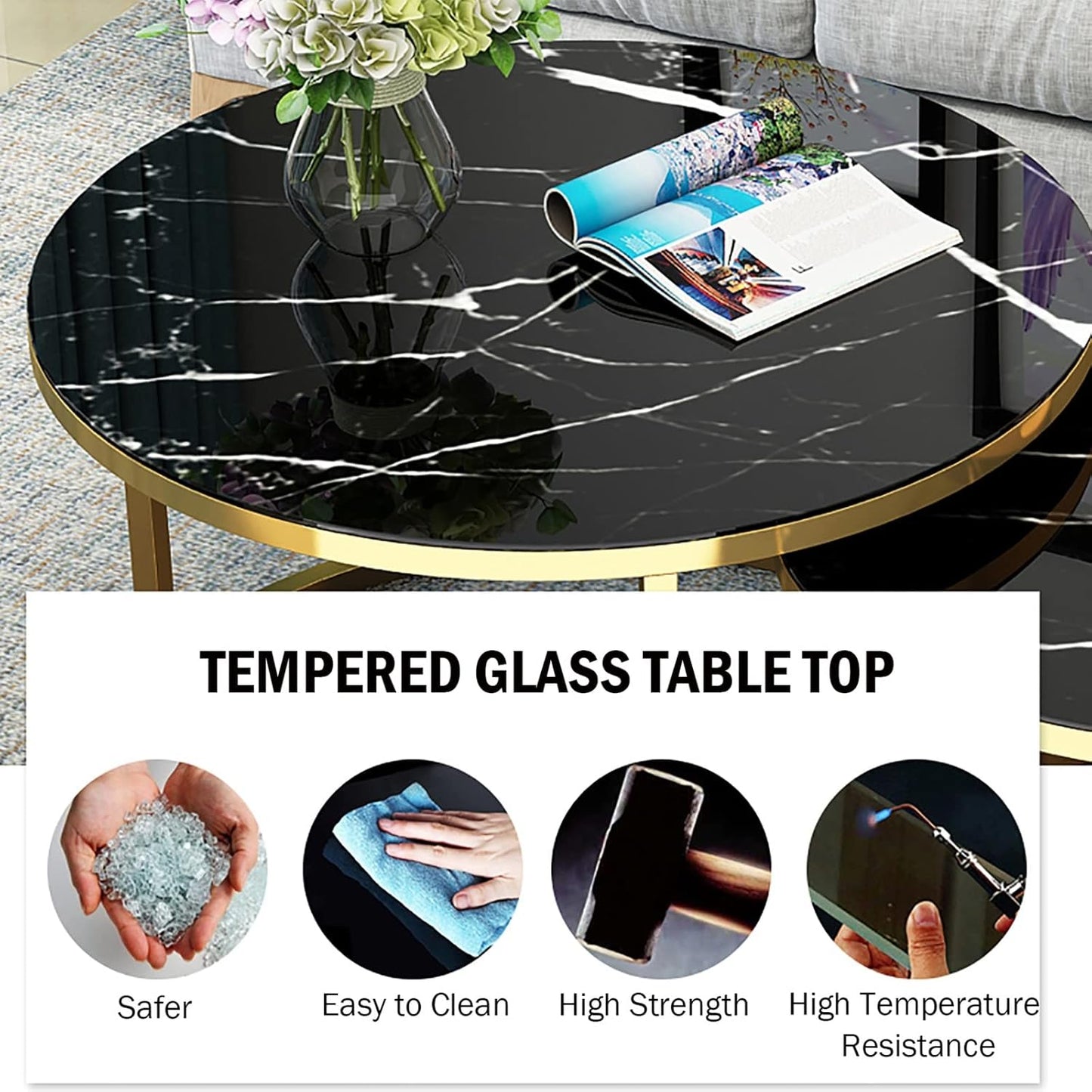 Nest of Tables Set of 2, Black Marble Gold and black Metal Legs 1112