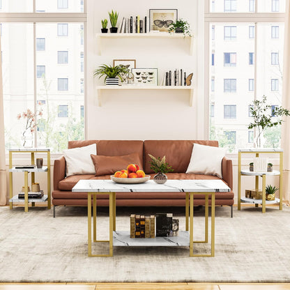 White Coffee Table, Gold Base 2 Layers