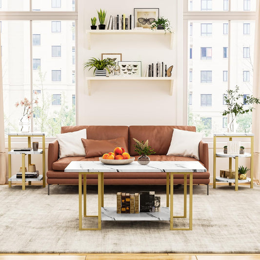 White Coffee Table, Gold Base 2 Layers