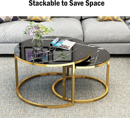 Nest of Tables Set of 2, Black Marble Gold and black Metal Legs 1112