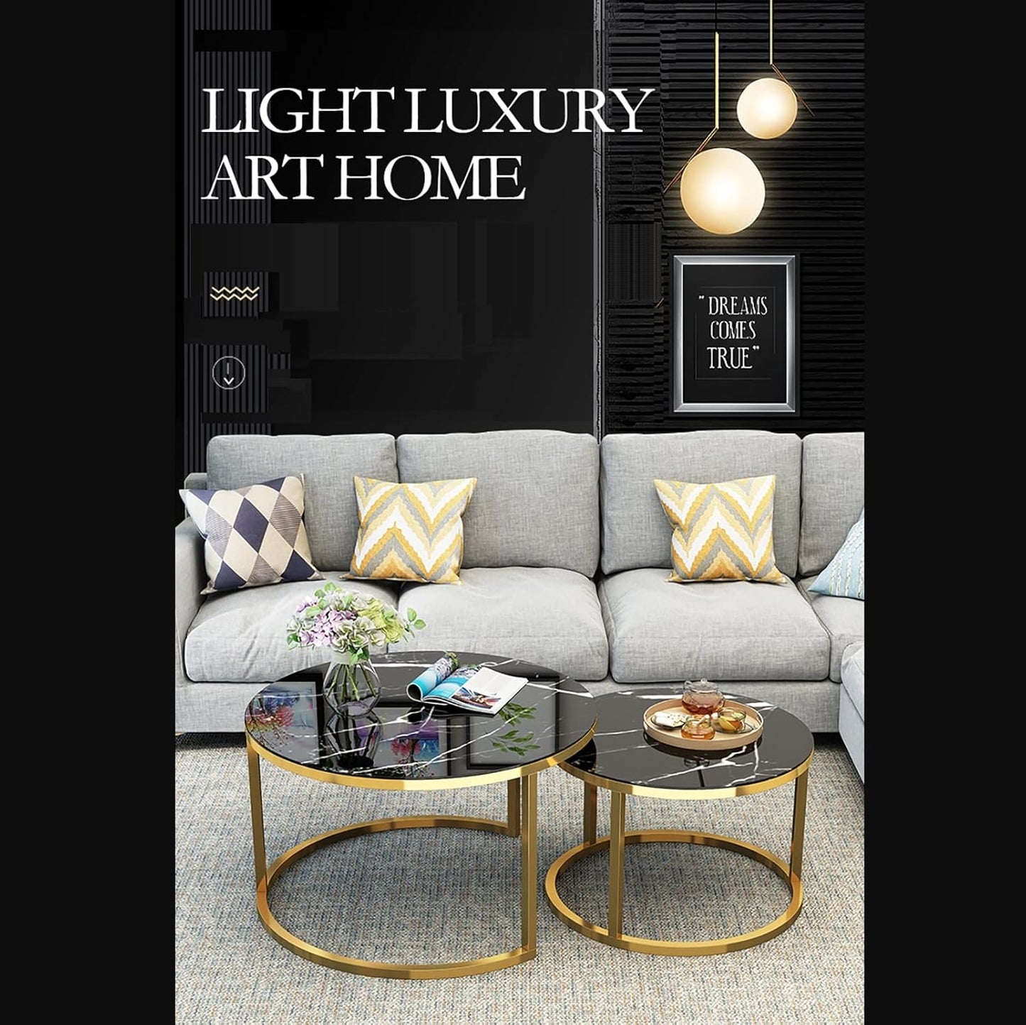 Nest of Tables Set of 2, Black Marble Gold and black Metal Legs 1112