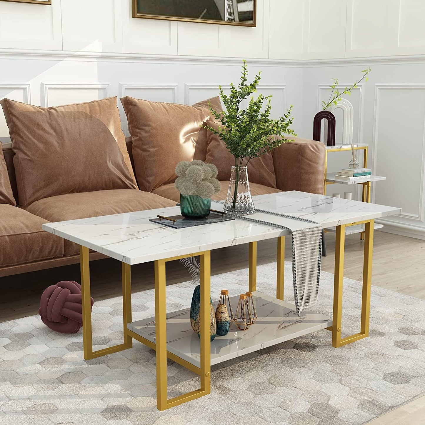 White Coffee Table, Gold Base 2 Layers