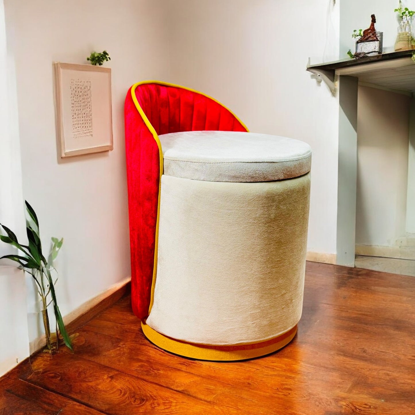 Elegant Upholstered red Vanity Stool with Back and storage - 1507-10