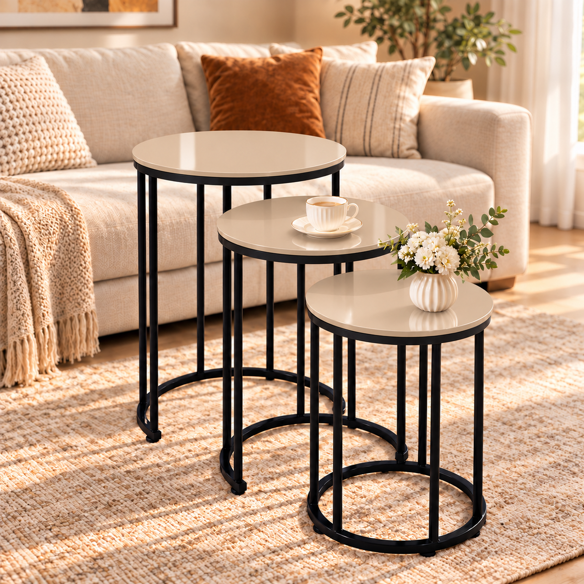 3-Piece Modern Nesting Coffee Table Set with Wood Finish Top & Black Metal Frame