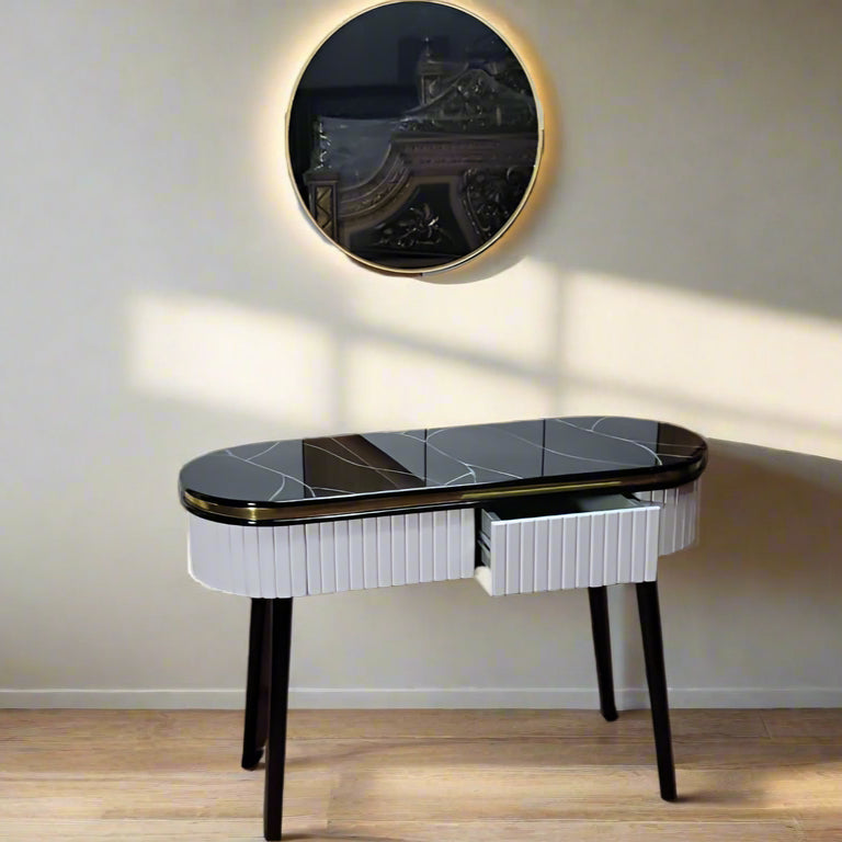 Two Drawer Console with Mirror Black Marble Design Top 1606