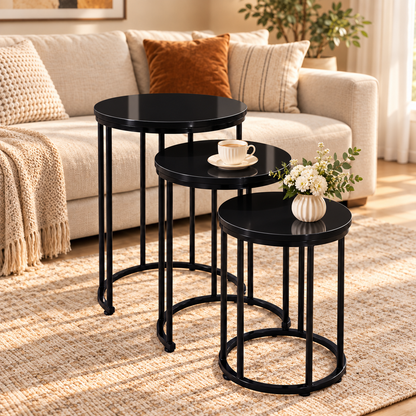 3-Piece Modern Nesting Coffee Table Set with Wood Finish Top & Black Metal Frame