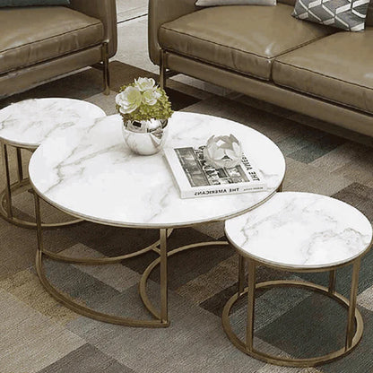 Round Nesting Tables with White Marble sheet Top and Gold Rod iron Base, Nest of 3