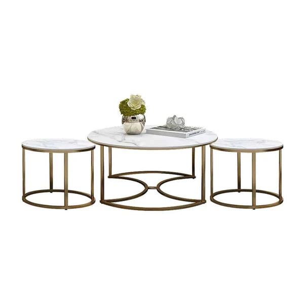 Round Nesting Tables with White Marble sheet Top and Gold Rod iron Base, Nest of 3